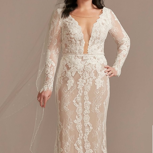melissa sweet illusion plunge long sleeve lace wedding dress Melissa Sweet, Plunge Neckline Billow Sleeve Wedding Dress New Wedding Dress Save 50%